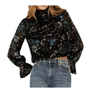 Shyanne‎ Women's NWT Black Velvet Burnout Long Sleeve Turtleneck Top Cowgirl XS